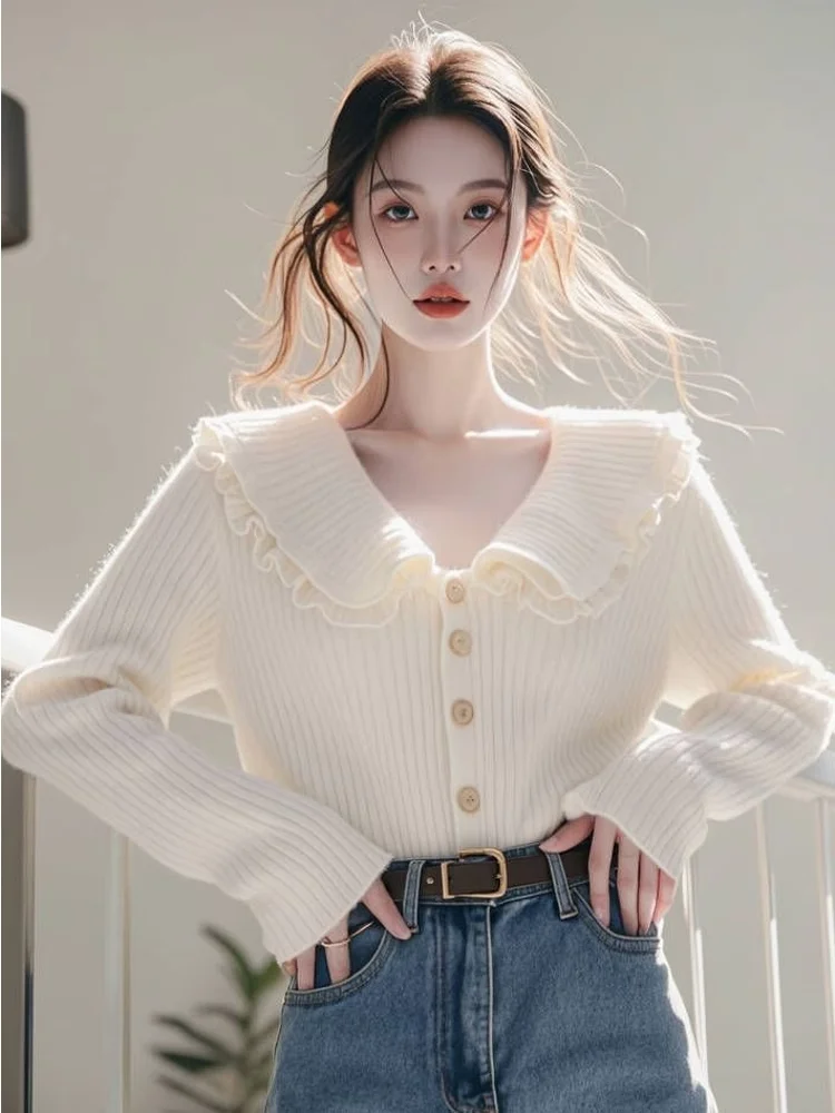 Graceful White Doll Collar Sweater Outerwear Women 2024 Autumn and Winter New High Sense Korean Series Wear Knitted Top