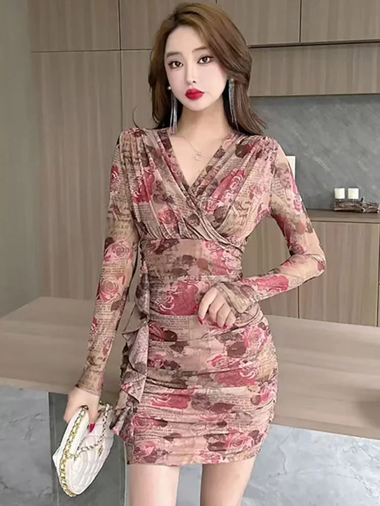 Женское розовое Сетчатое платье с длинным рукавом и V-образным вырезом