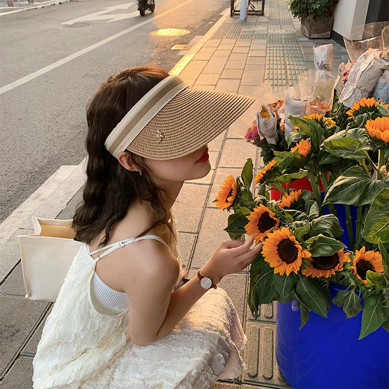 

Women Empty Top Straw Hat Travel Sunshade Sun Hat Trendy Superlight Beach Foldable Roll Up Cap Cruise Wear Visor Cap
