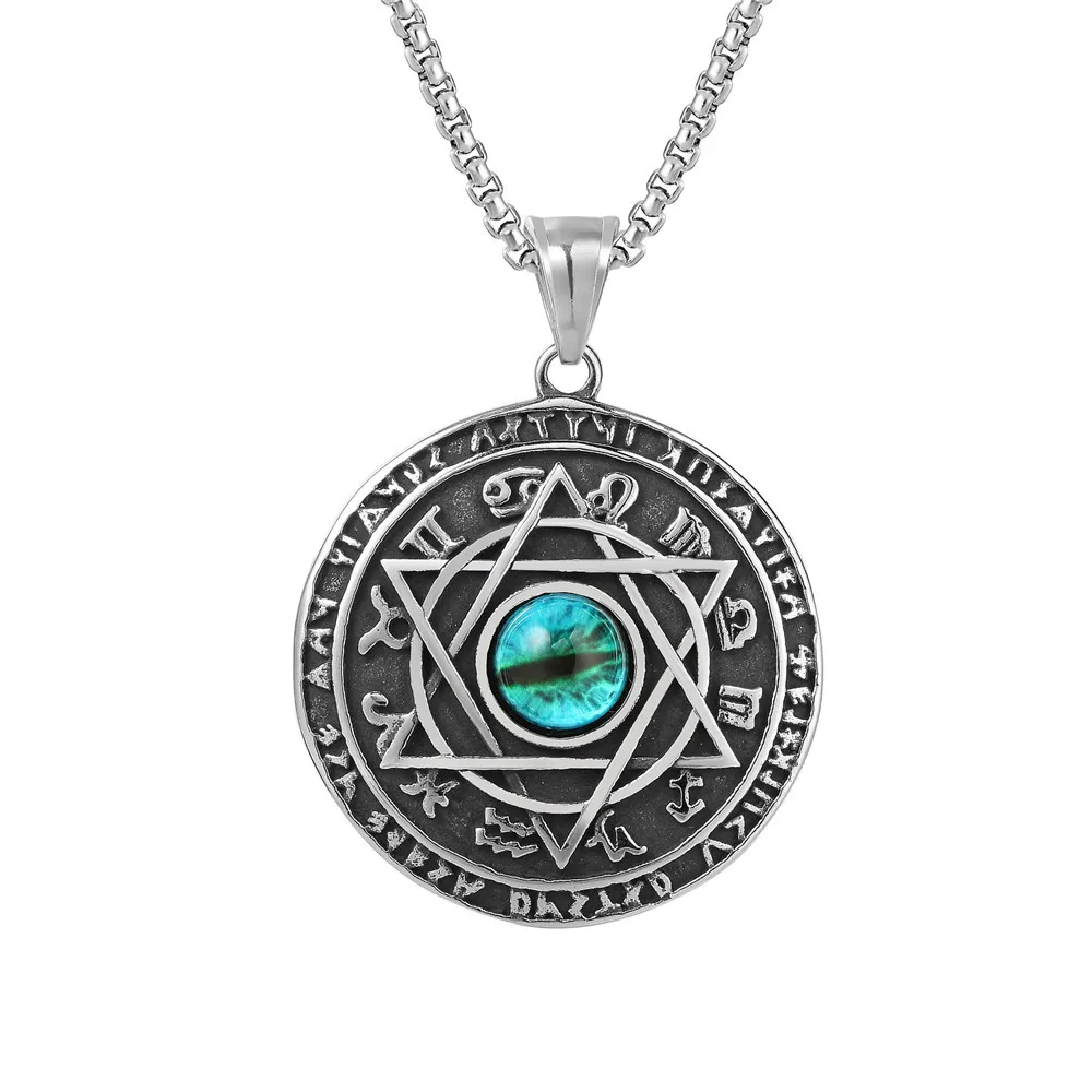 

Angel Devil's Eye Stainless Steel Pendant Green Crystal Hexawn Star Titanium Steel Necklace Jewelry