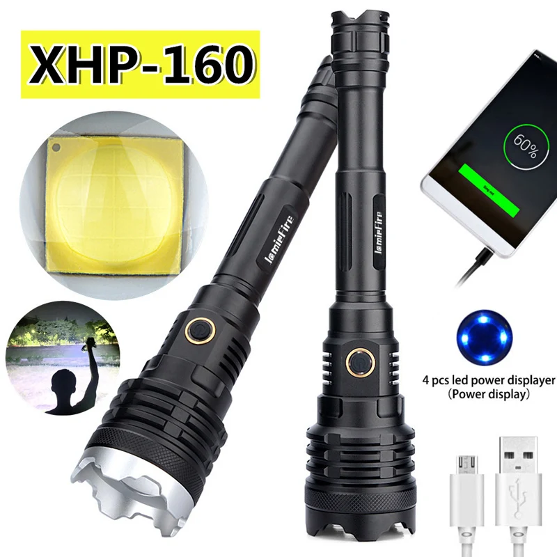 

Powerful XHP160 LED Flashlight Powerful USB Rechargeable 21700 Battery Portable Zoom Tactical Torch Hunting Long Shot Flashlight