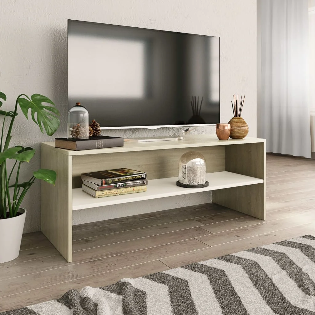 

TV Media Console Television Entertainment Stands Cabinet Table Shelf White and Sonoma Oak Chipboard