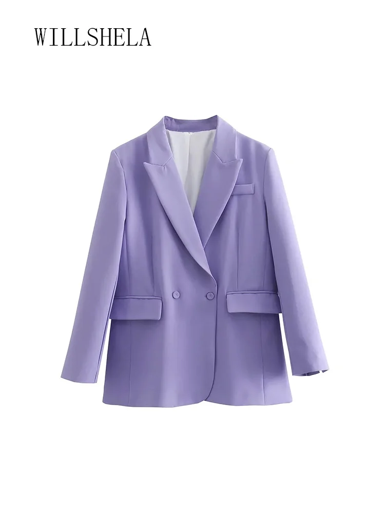 

Willshela Women Fashion With Pockets Solid Double Breasted Blazers Vintage Notched Neck Long Sleeves Female Chic Lady Coats