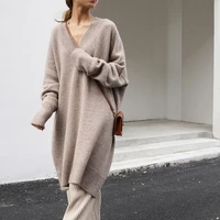 long over the knee knitted bottoming versatile autumn winter dresses loose and soft inside 2022 sweaters casual v neck ladies
