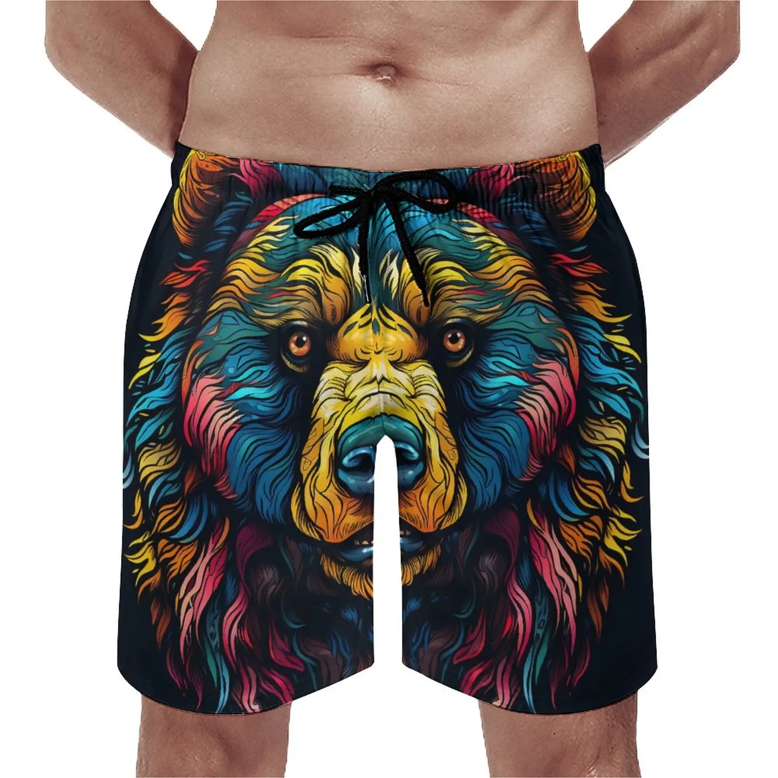 

Summer Gym Shorts Bear Surfing Vintage Style Illustration Design Beach Shorts Vintage Quick Drying Swim Trunks Big Size