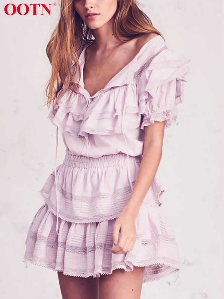 

OOTN летнее повседневное мини-платье с оборками, женское кружевное платье трапециевидной формы, розовое винтажное женское платье с коротким ...