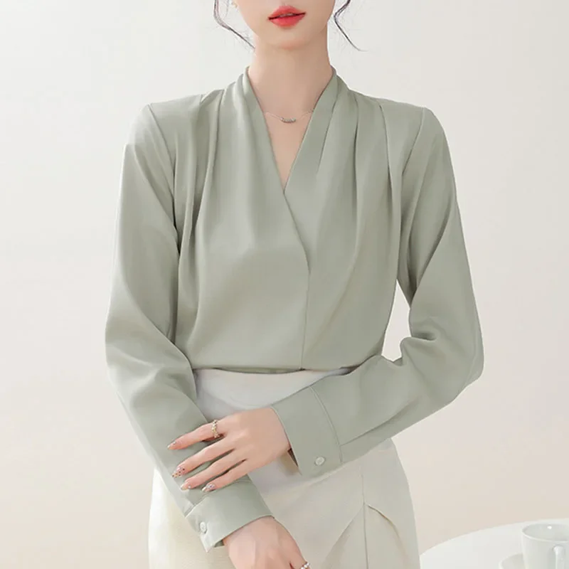 Новая женская блузка с v-образным вырезом белая офисная длинным рукавом рубашка