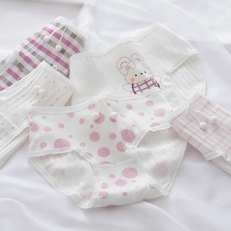 

Женские хлопковые трусики с принтом кролика, сиреневые мягкие трусики с кружевной отделкой