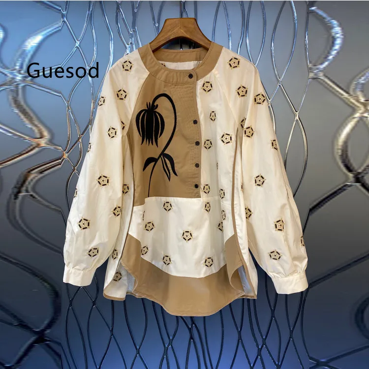 

Женская блузка с цветочной вышивкой, пуловеры контрастных цветов с рукавами-фонариками и круглым вырезом, блузка, дизайнерский Топ, новинка весны 2022