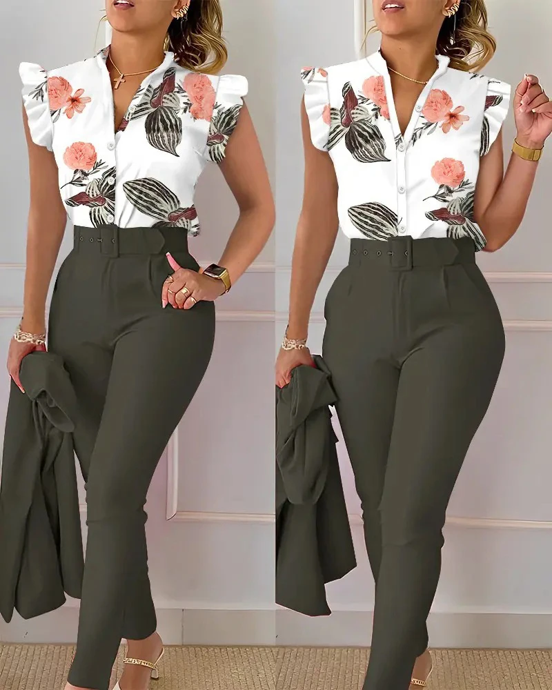 2023 Summer Printed Women's Set Ruffle Sleeve Button Ladies Top Solid Slim Belt Pocket Pants Two Pieces Fashion Casual Clothes