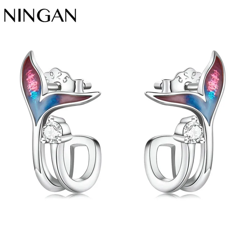 

NINGAN New Arrive Fish Tail Stud Earrings Ladies Wedding Party Earrings Sterling Silver Fashion Jewelry for Women