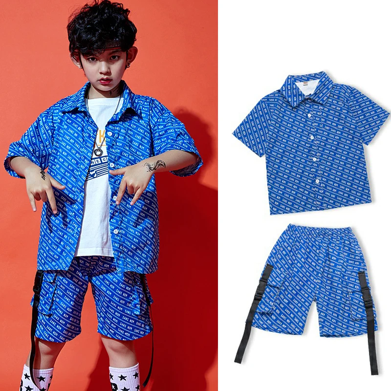 

Детские джазовые костюмы для современных танцев, синие рубашки, свободные шорты, одежда в стиле K-POP, одежда для мальчиков и девочек в стиле хип-хоп, танцевальная одежда для фестиваля DQS9785