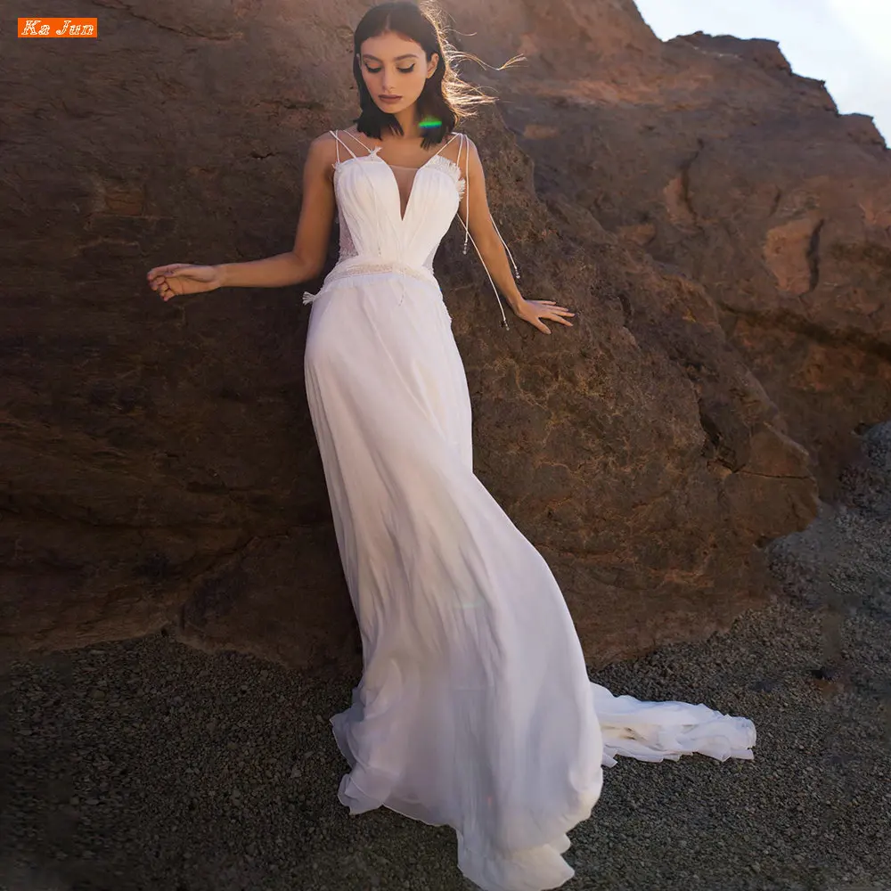 

KA JUN Boho Spaghetti Straps Sleeveless Wedding Dress With Tassel Lace Robe De Mariée Beaded Tulle A Line Bridal Gown Vestidos
