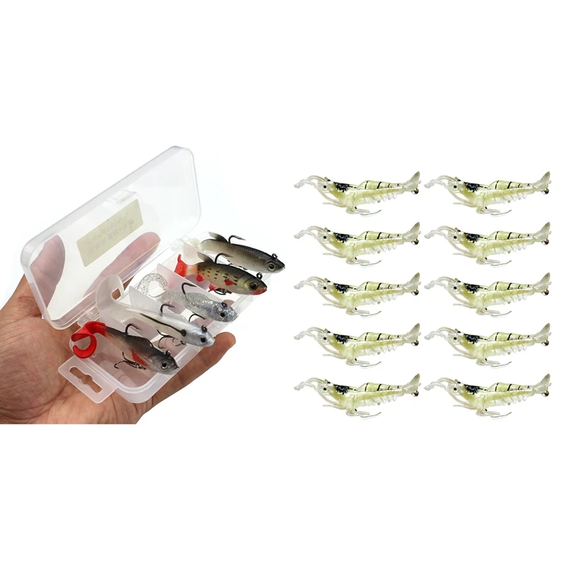 

10Pcs 4Cm Fishing Shrimp Lure Pesca Lure & 1 Set Fishing Lure 5 Roll Tail Pack Lead Fish Set Fishing Tackle Accessories