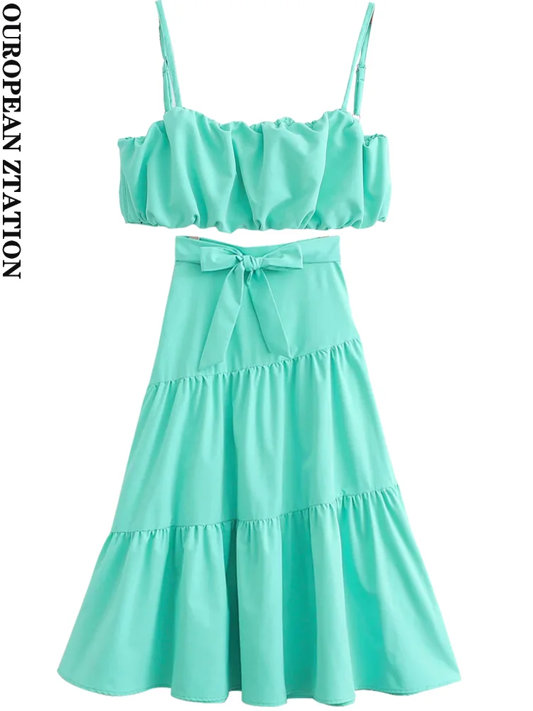 

Женская мода 2022 za на французских тонких бретелях, плиссированные майки и юбки с высокой талией, завязанные бантом, женские комплекты из двух...