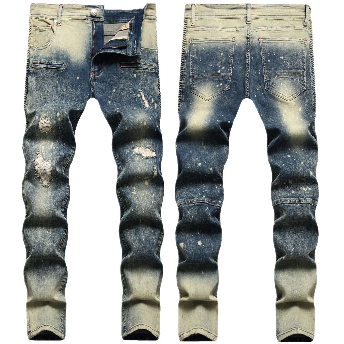 Four Seasons Mens Jeans Holes Patch Locomotive Retro Color Elastic Small Straight Jeans Streetwear Men Full Length Denim Pants