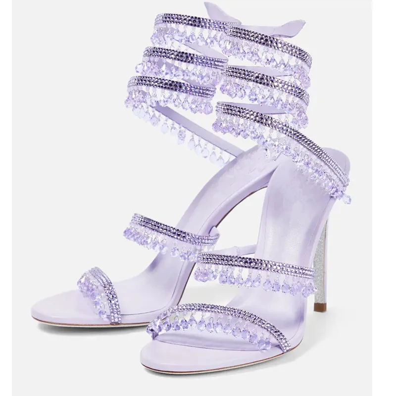 Snakelike Rhinestone Women High Heels Sandals Summer Thin Heel Open Toe Wedding Bridals Shoes Fashion Ankle Twine Ladies Pumps