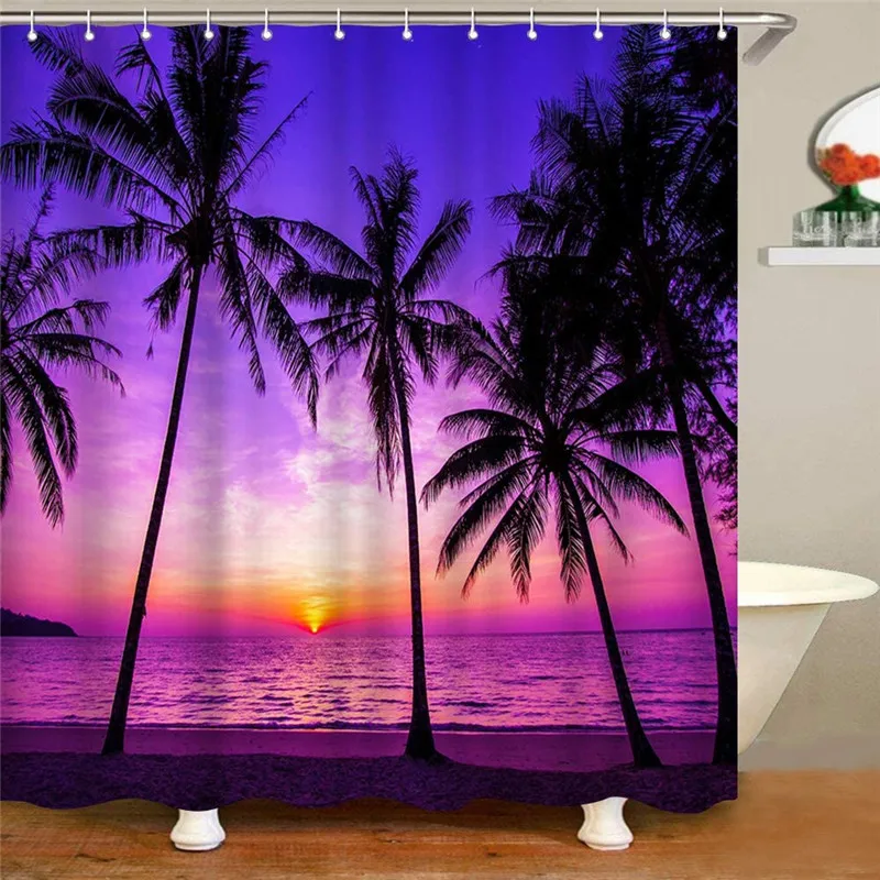 

Штора для душа океанская, романтический Закат, Пляжная душевая занавеска s с 12 крючками, тропическая пальма, водонепроницаемая занавеска дл...