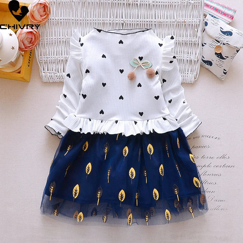 

Girls Dress Clothing Sets Spring 2022 Baby Girls Long Sleeve O-neck Gauze Patchwork Dress Fashion Heart Print Princess Dresses