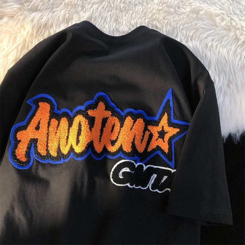 

2022 New Summer American Retro High Street Embroidery Short Sleeved Tshirt Men and Women Couples Loose Casual Tops Short Sleeved