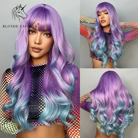 Синтетический длинный волнистый парик блонд Единорог Омбре фиолетово-синий для женщин Косплей Хэллоуин парики термостойкие волосы челки