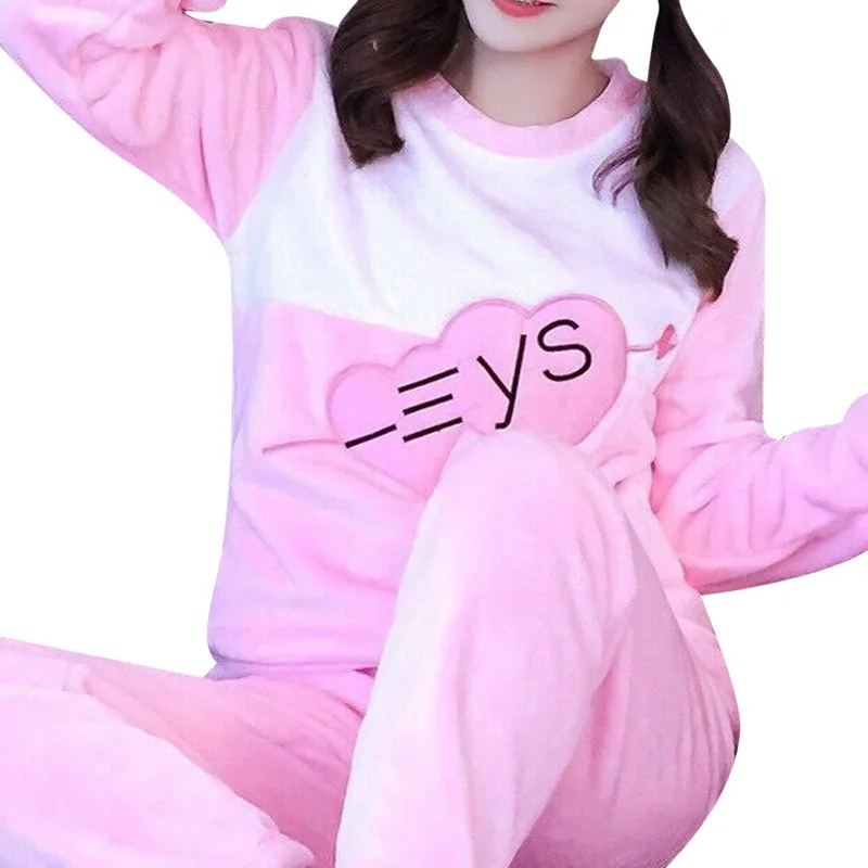 

Flannel Pajamas Set for Women Cartoon Printed Two Pieces Suit Home Clothes Casual Loose Tops+Pants Sleepwear Warm Thick Pijimas