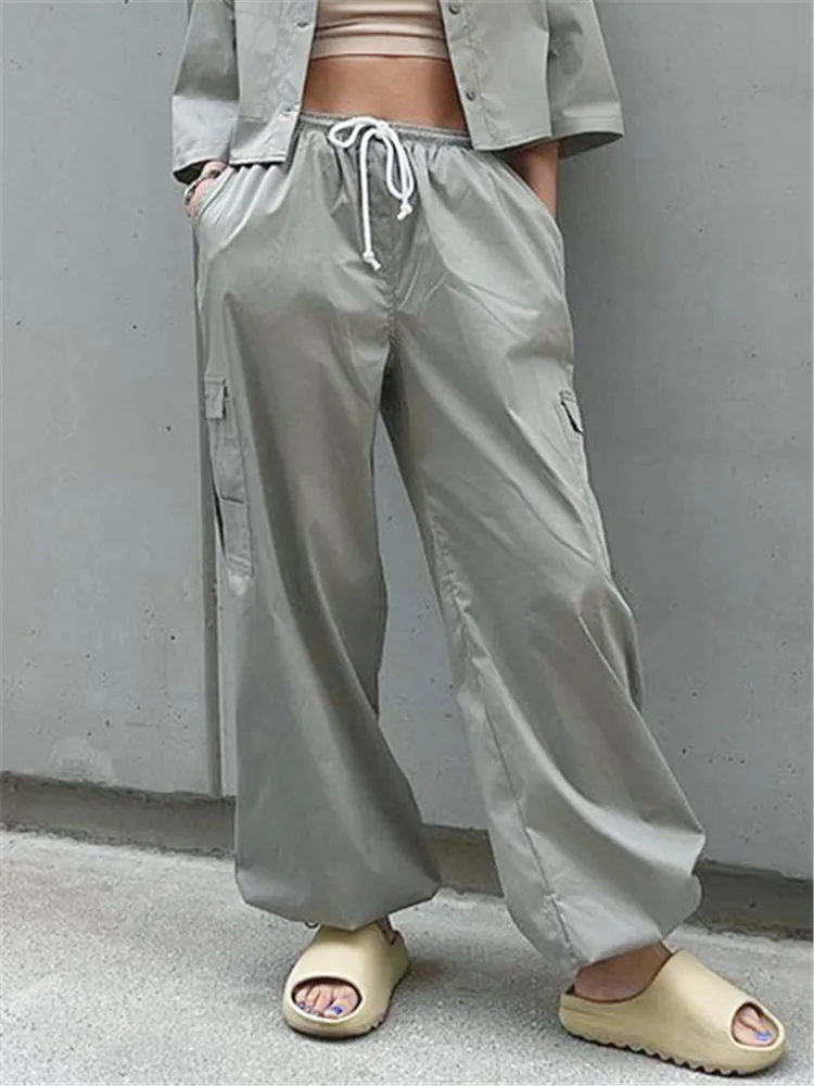 

2022 осенние модные повседневные брюки с завязками и карманами, мешковатые брюки-карго с низкой талией, женские Беговые брюки в стиле хиппи, х...