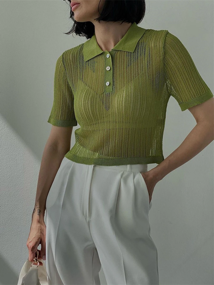 

Solid Color Knitted T-shirt Women Summer New Turn Down Collar Button Slim See Through Short Tee Shirt Femme Vintage Elegant Tops