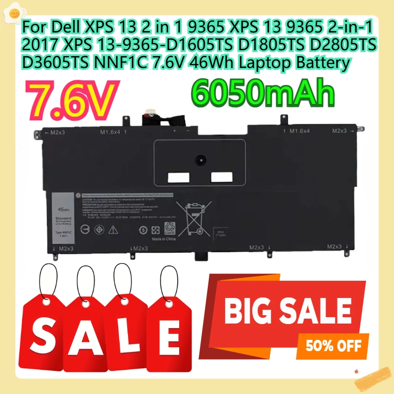 Фото Аккумулятор для ноутбука Dell XPS 13 2-в-1 9365 XPS 13 9365 2-in-1 2017 XPS 13-9365-D1605TS D1805TS D2805TS D3605TS NNF1C 7.6V 46Wh №1