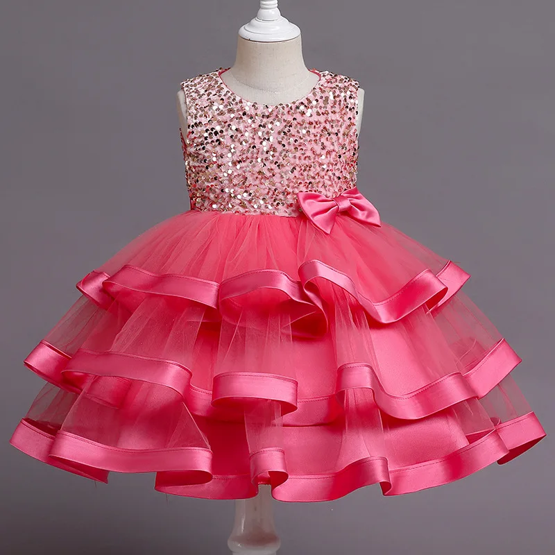 

2022 New Summer Girls Sleeveless Sparkly Sequins Rose Red Blue Princess Dress Kids Elegant Party Prom Ball Gown Children Costume