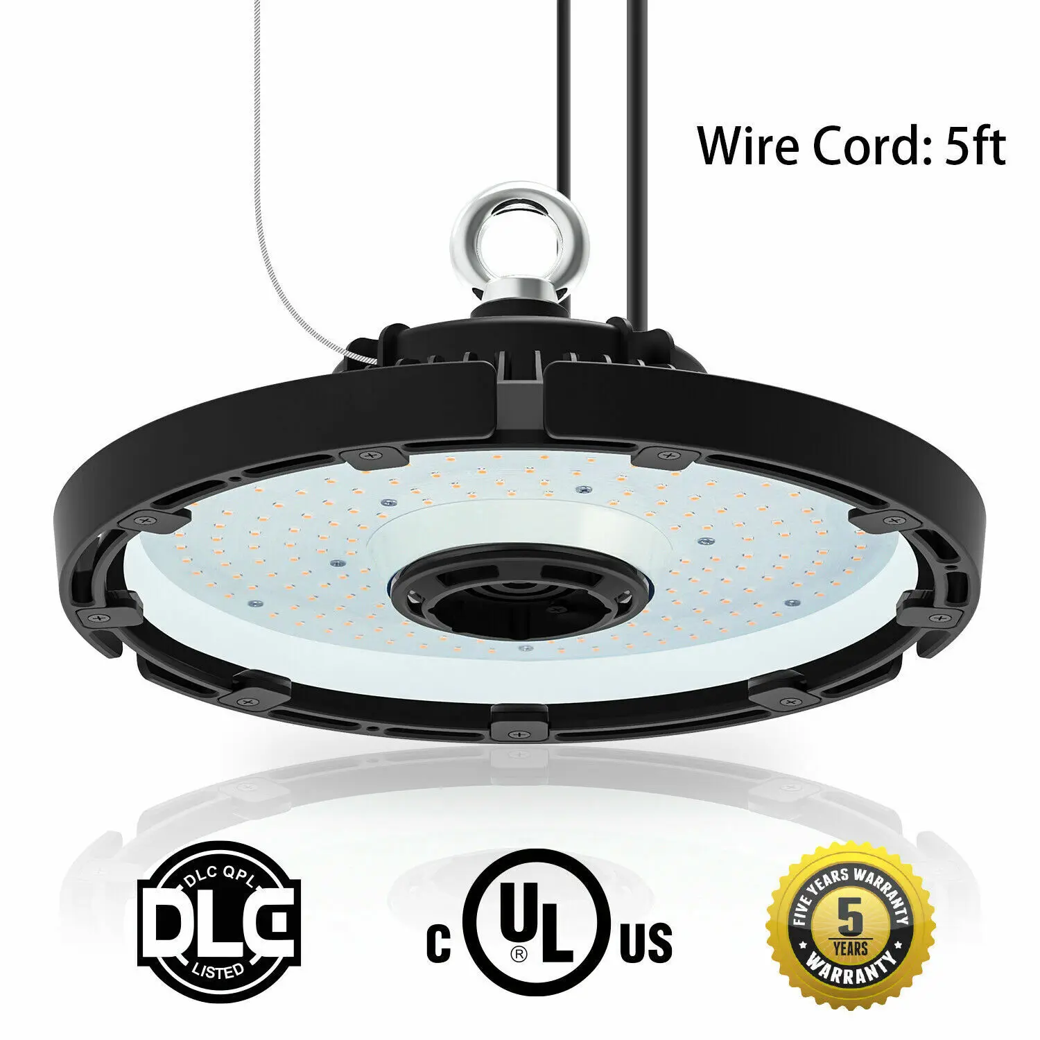 LED High Bay Lights UFO 150W 22,500 lumen Warehouse Led Shop Light Fixture 5000K 5' Cable  Hanging Hook Safe Rope UL DLC Listed