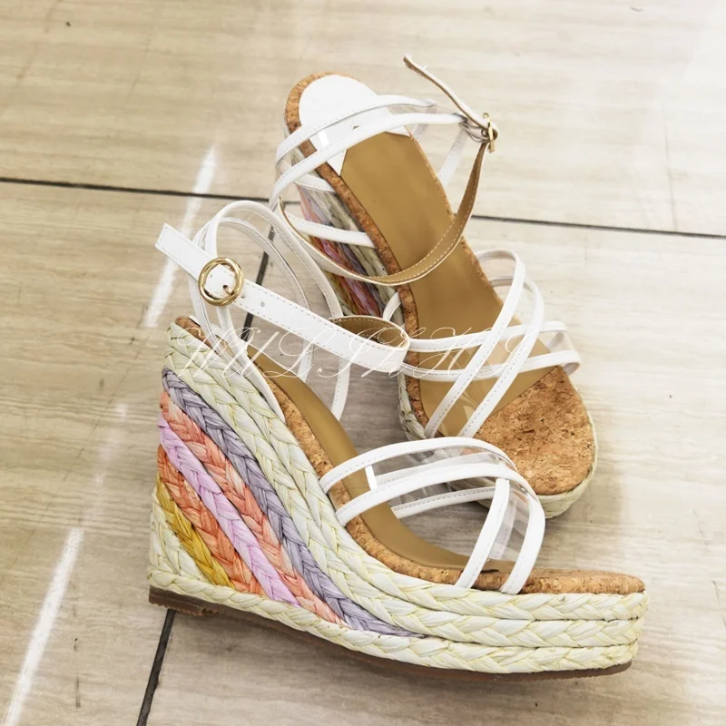 Women Elegant Rainbow Wedge Espadarille Open Slingback Platform Buckle Sandals Cross Design Mixed Colors Cute Sweet Dress Shoes