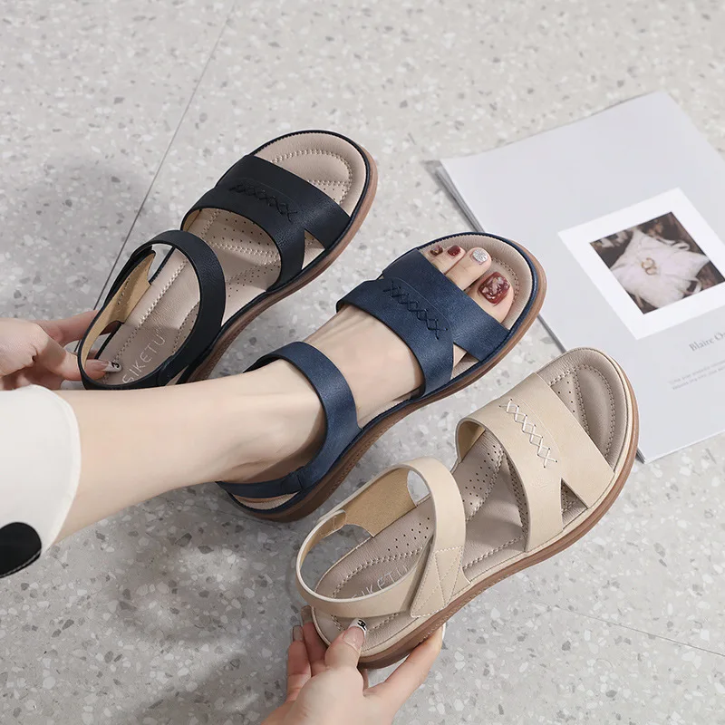 Women Fashion Velcro Strap Casual Open Toe Wedges Soft Bottom Sandals Shoes 2