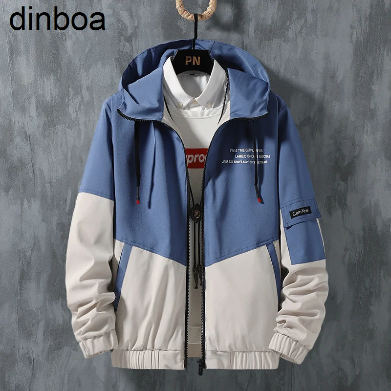 

Dinboa-новые мужские толстовки, осенняя зимняя куртка с капюшоном на молнии, Мужская толстовка в стиле пэчворк, ветровка, повседневная куртка-б...