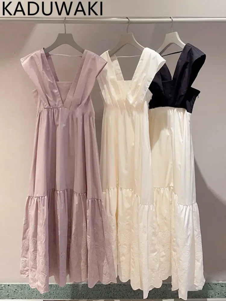 

Janpan Elegant Feminino Backless Dress Hollow Out Floral Vestidos Mujer Summer Square Collar Dresses Women Pleated Robe Femme