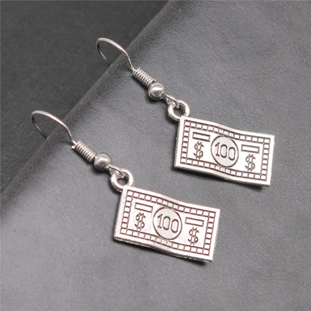 

Fashion Handmade Simple Design Antique Silver Color Us Dollar Money Pendant Earrings Women Vintage Drop Earrings
