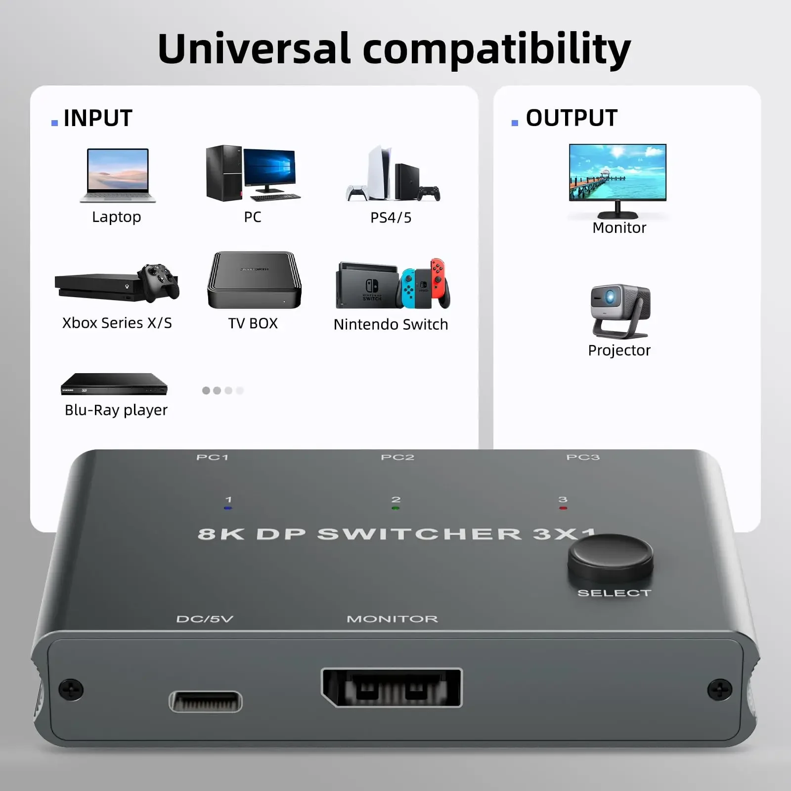 Переключатель порта дисплея 8K выход 3 в 1 переключатель DP сплиттер с поддержкой