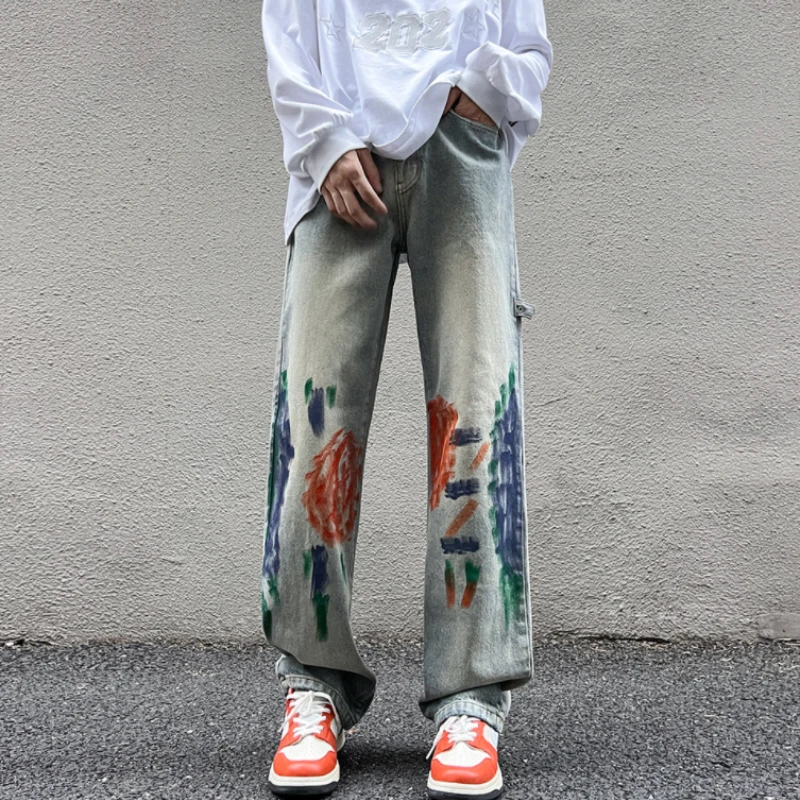 Cotton Euro-american Vibe Pants INS High Street Tie-dye Jeans for Men American Style HiPHOP Loose Straight Leg Wide Leg Pants