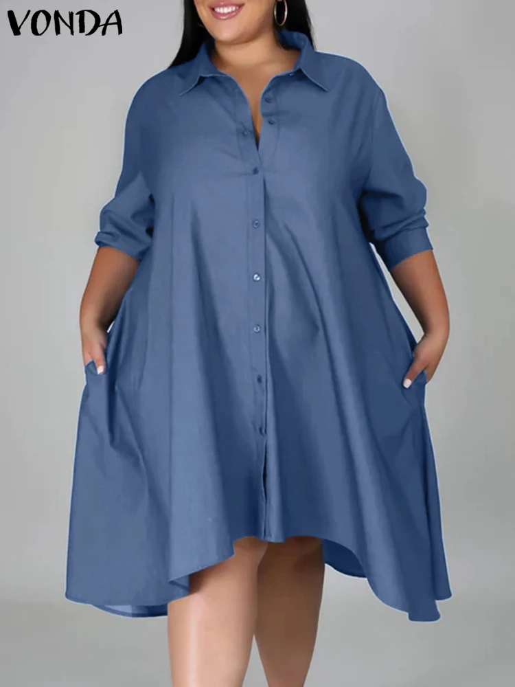

Женское джинсовое платье-рубашка VONDA, Осеннее асимметричное платье миди с длинным рукавом, винтажное элегантное уличное платье 2023