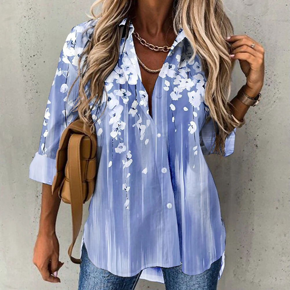 

Women Autumn Fashion Floral Print V Neck Long Sleeve Button Floral Printed Lapel Casual Shirt Blouse Long Sleeved Female Shirts