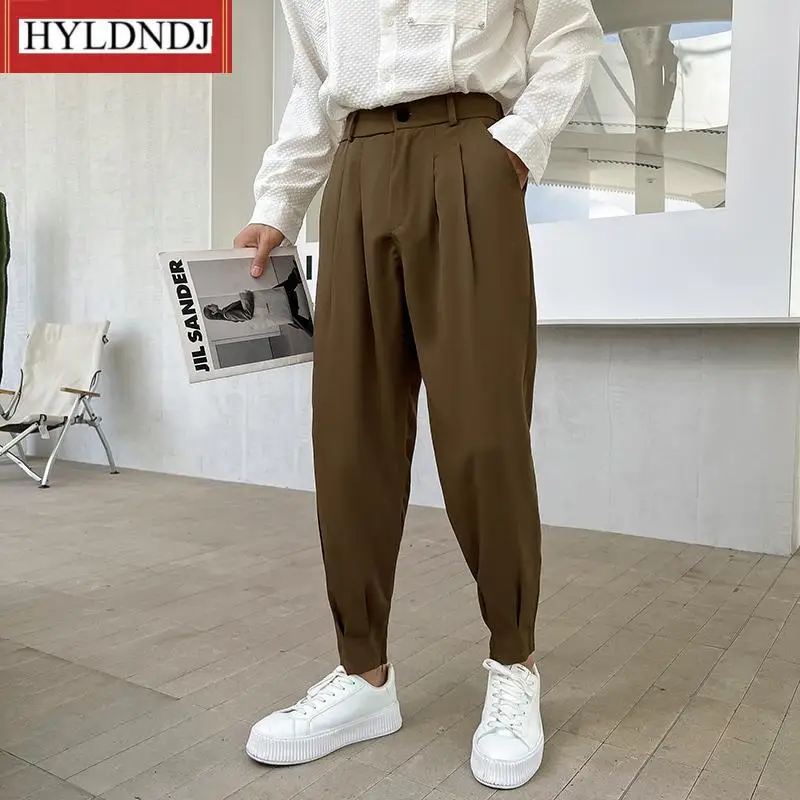 

Men Tapered Bottom Slit Trousers Korean Style White Khaki Black Elastic Waist Casual Pants Man New Fashion Spring Summer Pants