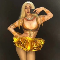 gold folds shining rhinestones tassel women sexy bodysuits party club pole dance stage costume rave outfits