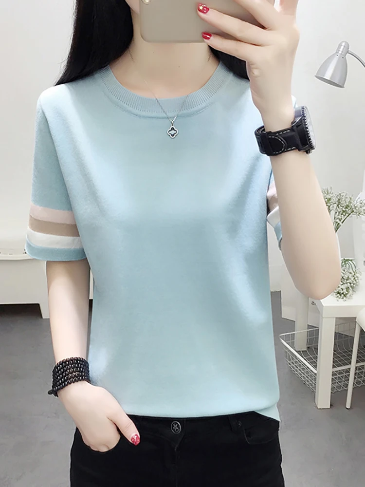 

Футболка вязаная футболка женская тонкая футболка с коротким рукавом женские летние топы футболки женская одежда