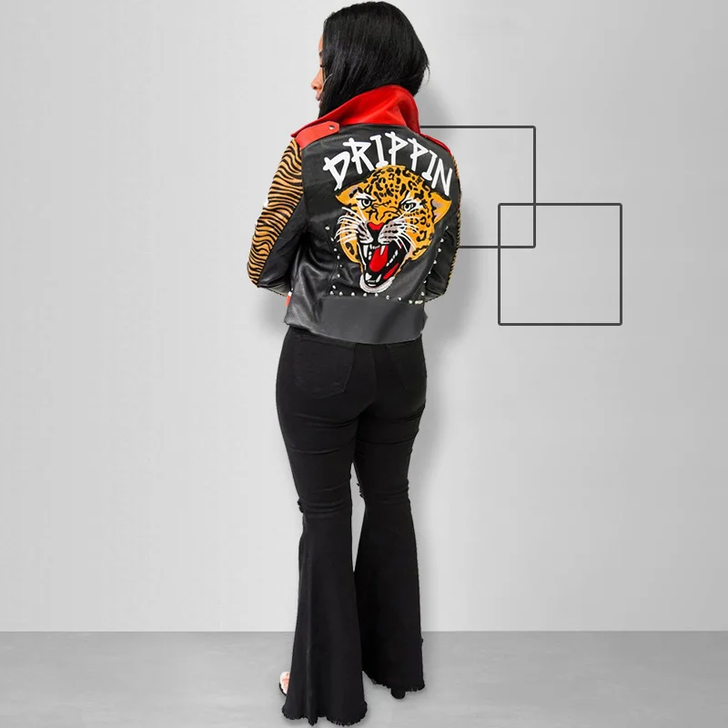 Women's spring and autumn new hot selling street INS rivet belt leather coat tiger head print fashion UP coat spot