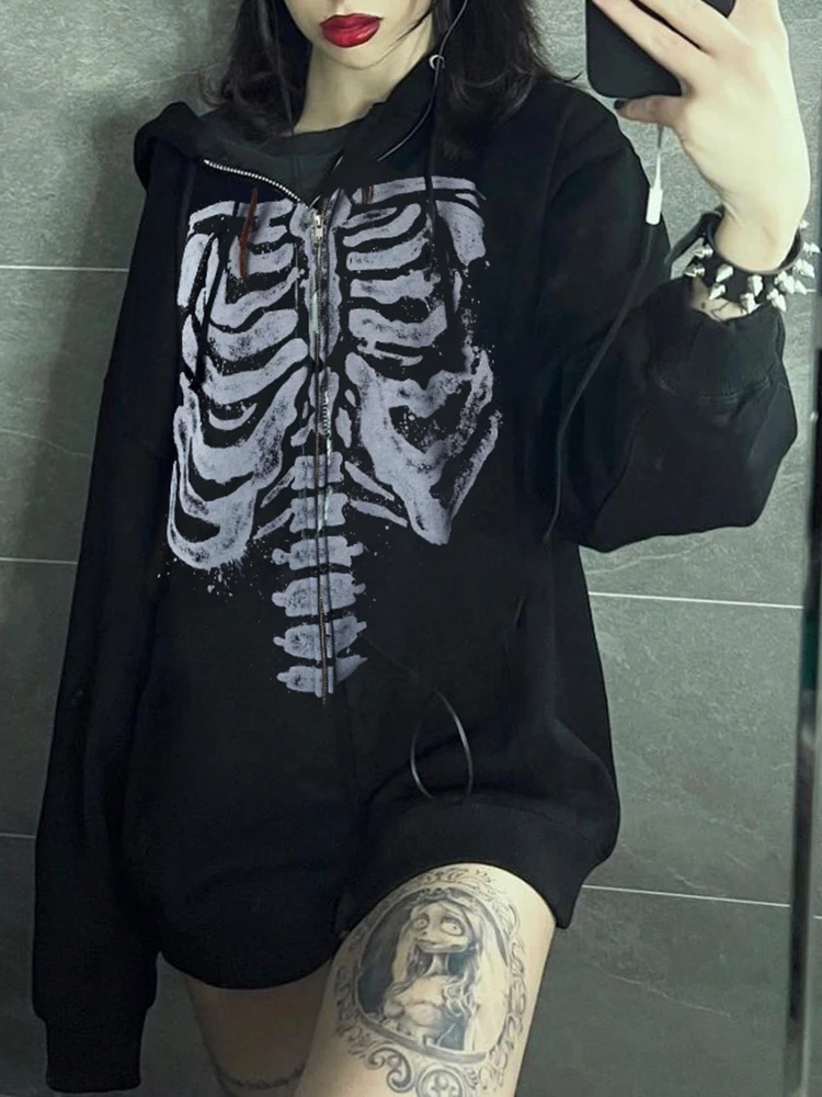 

WeiYao Grunge Sternum Bones Print Winter Hooded Jackets For Women Dark Academia Baggy Zip Up Sweatwear Black Long Sleeve Coats
