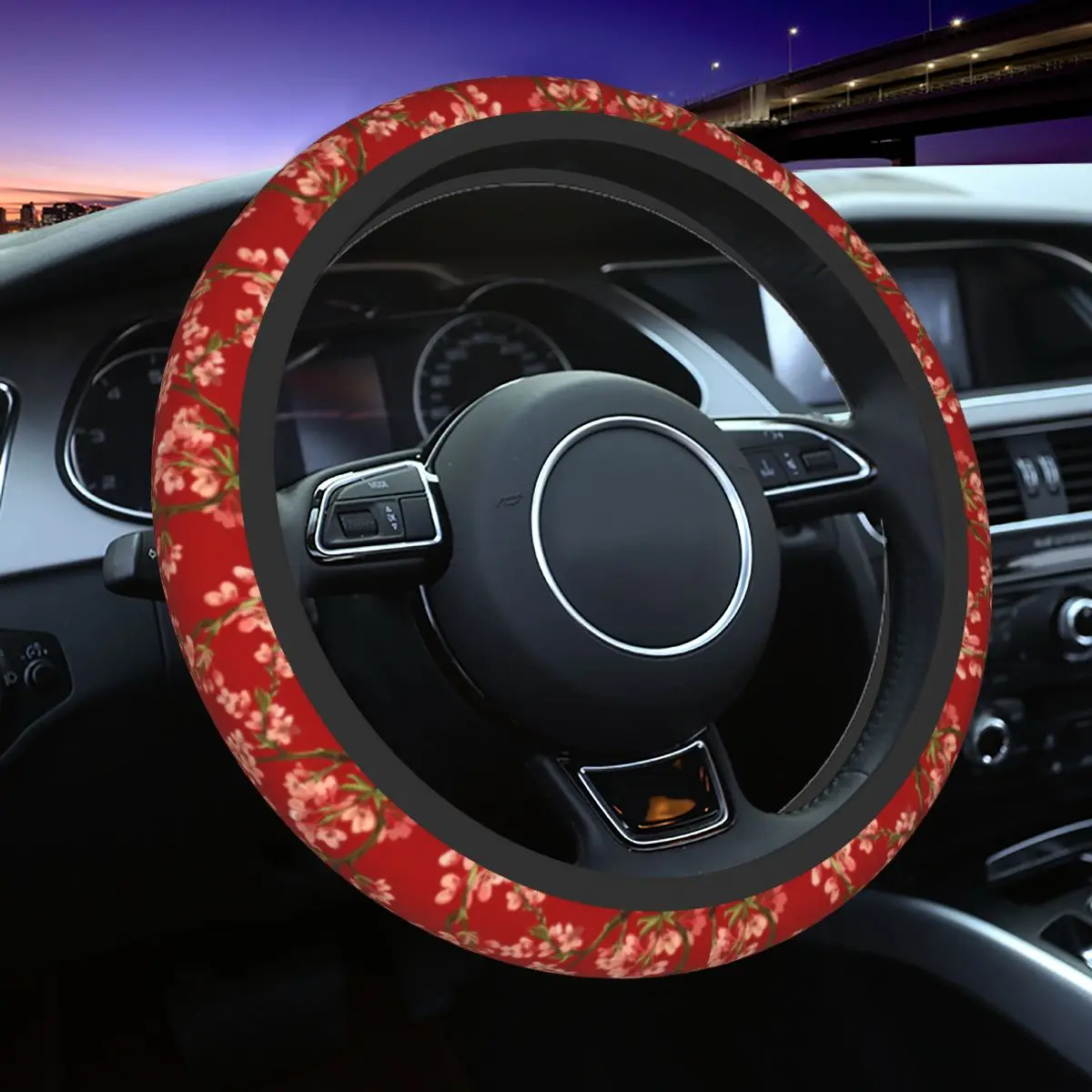 

Red Cherry Blossom Car Steering Wheel Cover 38cm Universal Flower Lover Fashion Car-styling Car Accessories