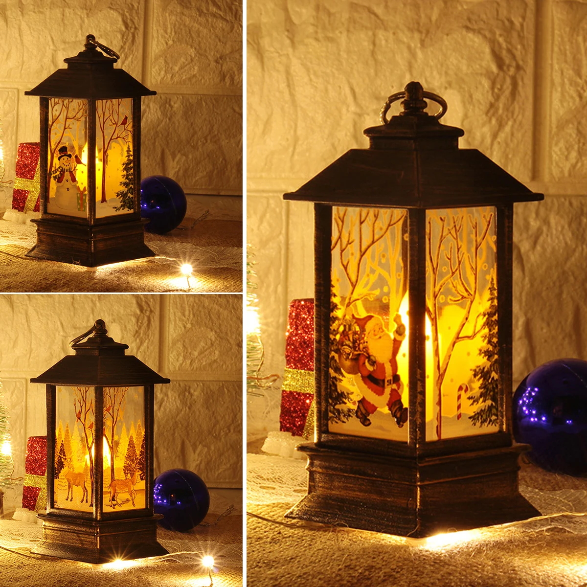 Led Glowing Lantern Simulation Cande Light Lamp Snowman Elk Merry Christmas Decoration Candle Scene Ornament Xmas Gifts