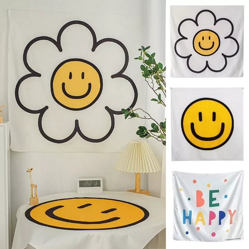 

Smiley Flower Background Tapestry Ins Decortive Hanging Cloth Wall Decorations Bedroom Dormitory Background Decor Tablecloth