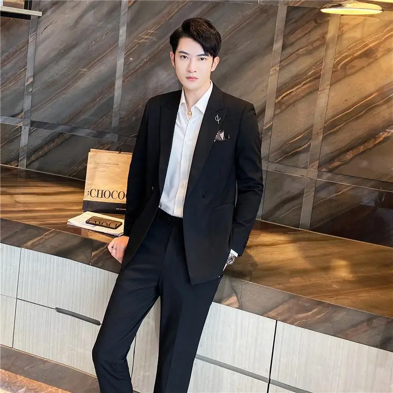 

2 Pieces Men Casual Suit 2022 New Korean Version Black Slim Fit And Handsome Bridegroom Wedding Suit Two Piece Trajes De Hombre