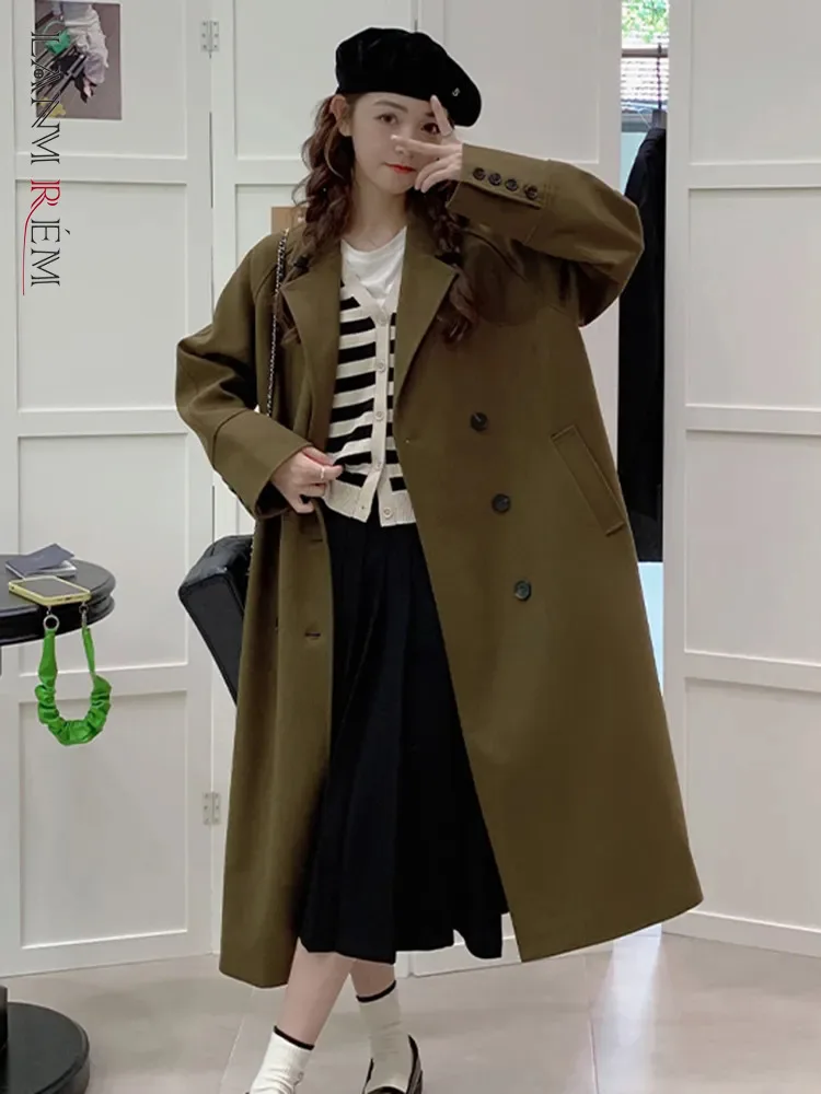 

LANMREM 2023 зимнее новое длинное пальто в стиле ретро Женская двубортная однотонная свободная одежда с отложным воротником корейский стиль 2AA3293